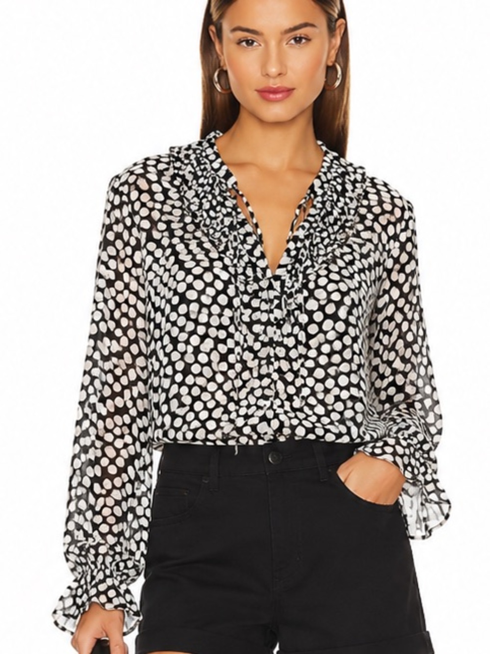 Tahari silk Polka Dot Ruffle Blouse print long sleeve Black and White
